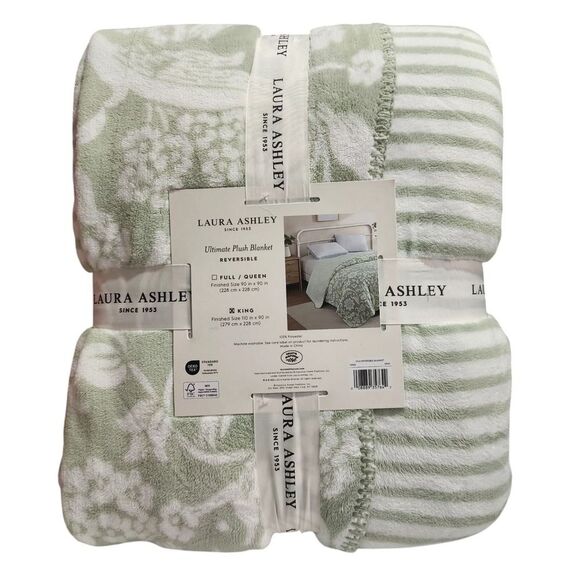 Laura‎ Ashley King Plush Blanket Reversible Floral Stripe Sage Ivory Shabby Chic - Picture 16 of 16